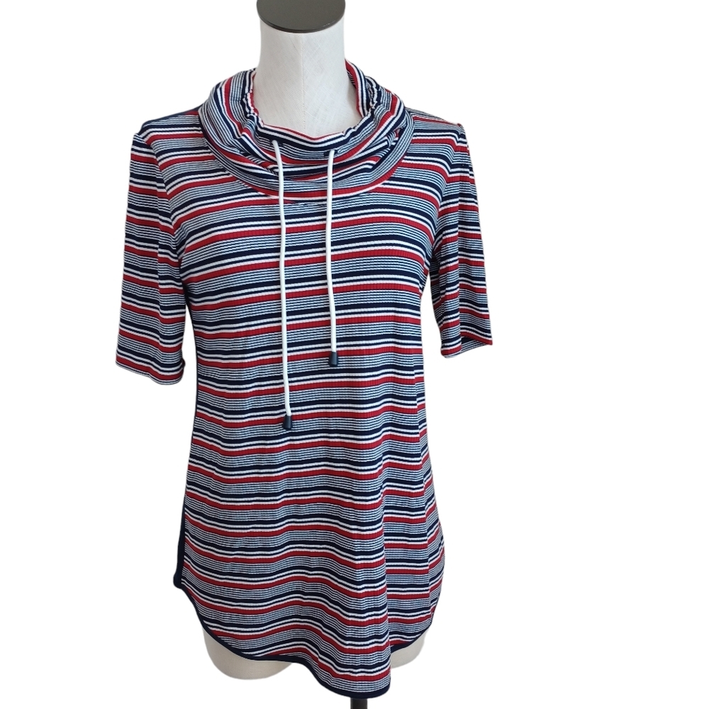 Pure Essence‎ Top Stripe Knit Short Sleeve Cowl Neck Pullover Womens Size Small